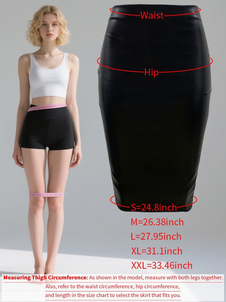 Women'S Faux Leather Pencil Skirt, High Waist Midi Length with Double Zipper