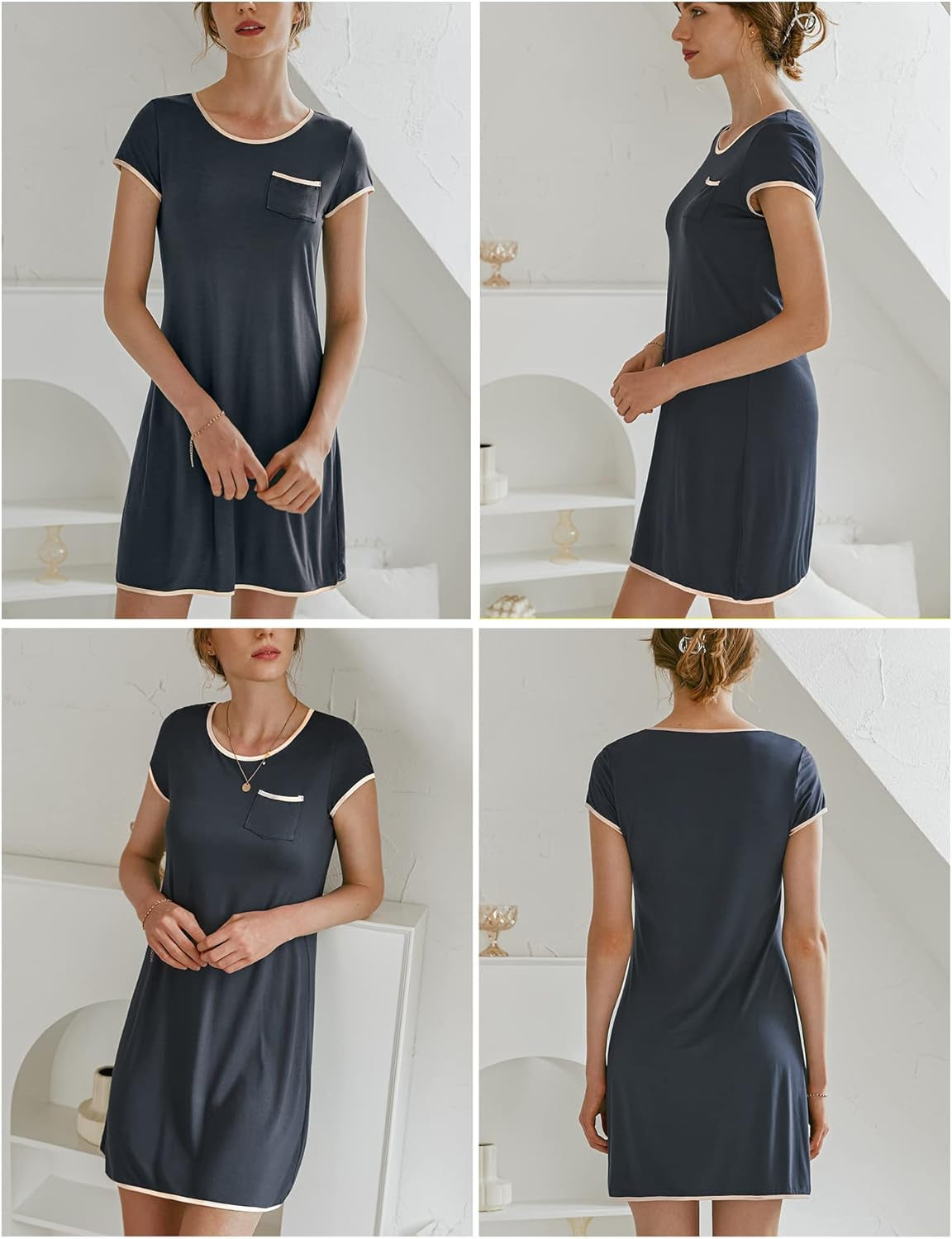 Womens Nightgown Sleep Shirt Dress Satin Patchwork Short Sleeve Sleepwear with Pocket