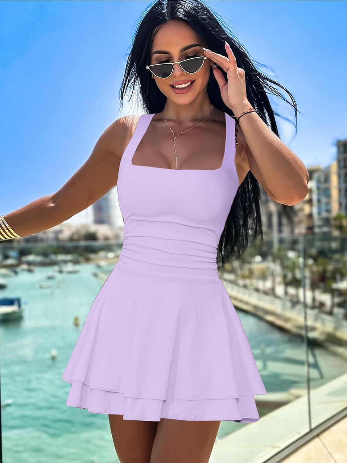 Women'S Square Neck Ruffle Hem Mini Dress Ruched Waist Short Party Dresses