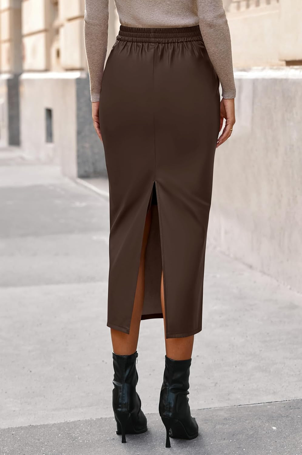 Skirts for Women Trendy Fall 2025 Elastic Waist Ruched Bodycon Slit Pencil Midi Leather Skirt Bussiness Casual