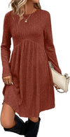 Long Sleeve Dress for Women Crew Neck Empire Waist Tunic Dress with Pockets