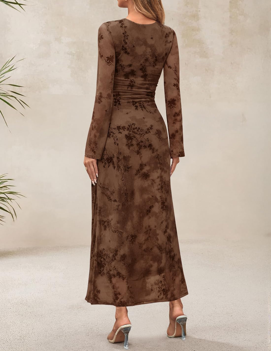 Women'S Long Sleeve Floral Bodycon Dress 2025 Fall Fashion Ruched Mesh Wedding Guest Cocktail Party Maxi Dresses