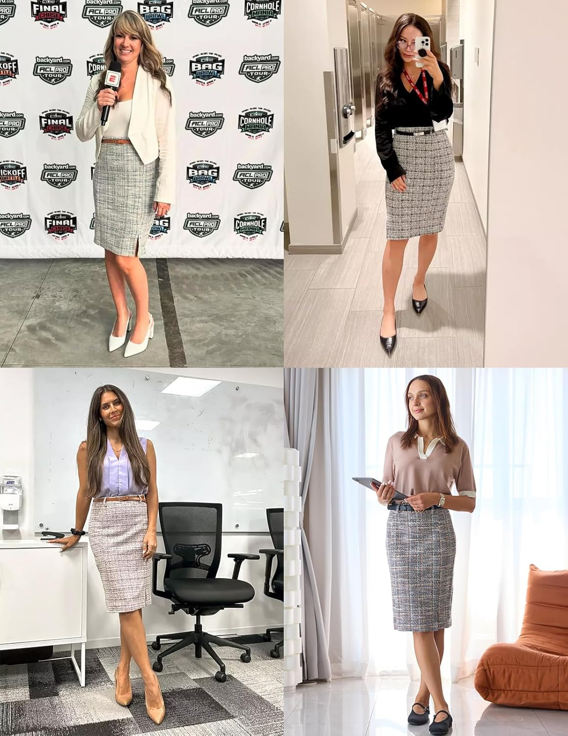 Women'S Tweed Pencil Skirt Knee Length High Waisted Skirts with Slit Elegant Skirts with Belt