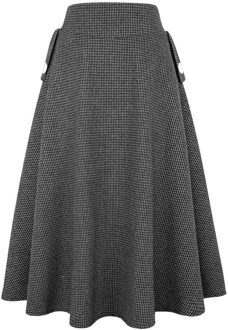 Women’S Fall Winter High Waisted Wool Plaid A-Line Long Skirt