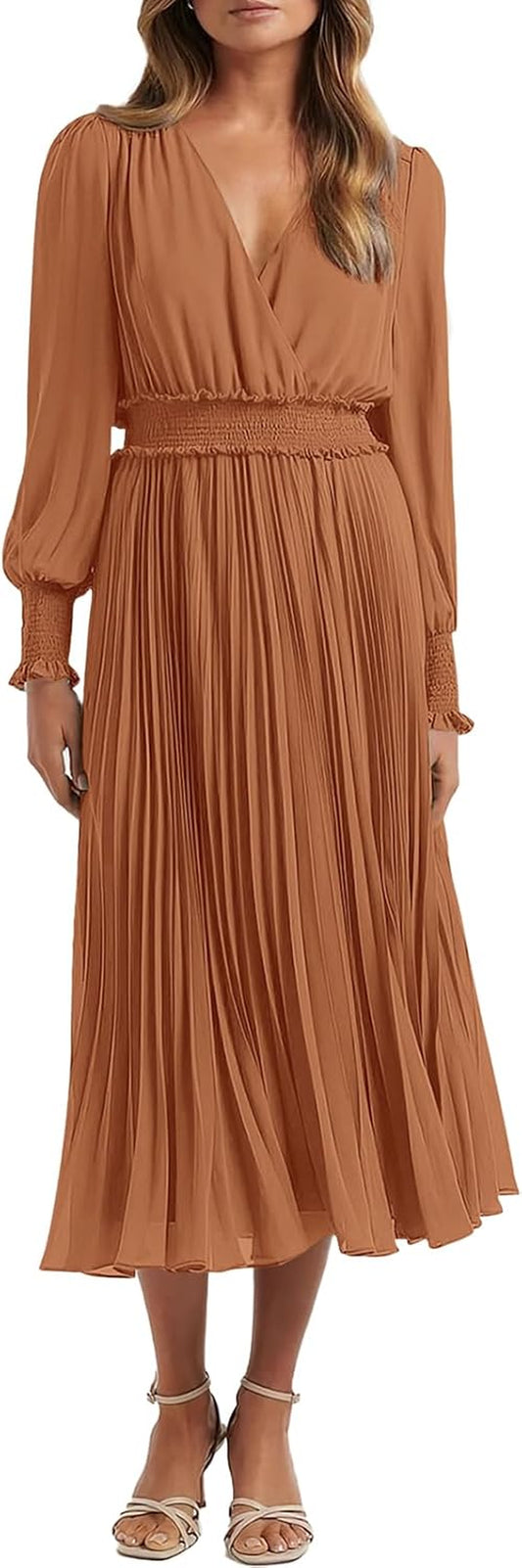 Womens Wrap V Neck Fall Dresses Wedding Guest Casual Pleated Long Sleeve Midi Dress Ruffle Smocked Long Dress