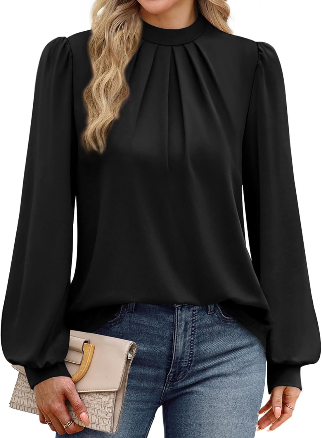 Long Sleeve Shirts for Women Mock Neck Tops Pleated Front Blouses Dressy Casual Fall Clothes 2025 Fashion