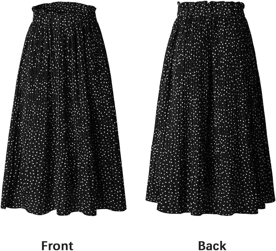 Womens High Waist Polka Dot Pleated Maxi Skirt Midi Swing Skirt Beach Vacation Cruise Outfits with Pockets