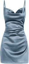 Women'S Satin Sleeveless Spaghetti Strap Mini Dress Sexy Slip Cowl Neck Silky Cocktail Party Dresses