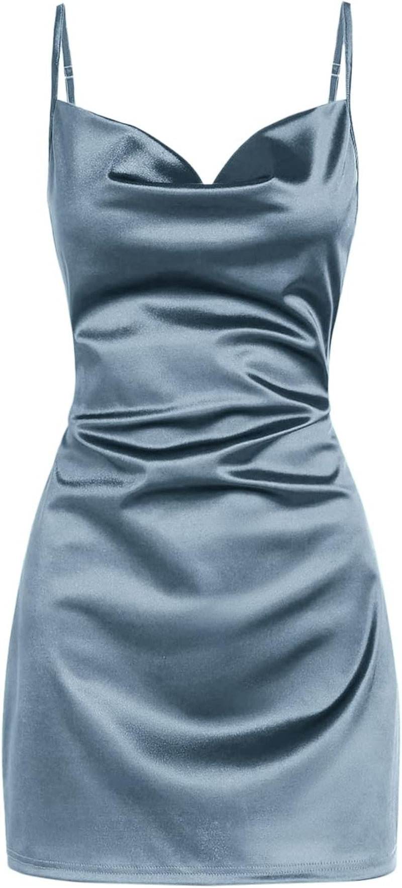Women'S Satin Sleeveless Spaghetti Strap Mini Dress Sexy Slip Cowl Neck Silky Cocktail Party Dresses