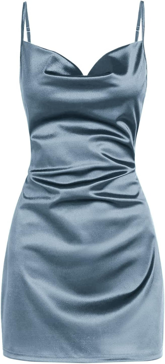 Women'S Satin Sleeveless Spaghetti Strap Mini Dress Sexy Slip Cowl Neck Silky Cocktail Party Dresses