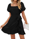 Womens Summer Dresses Square Neck Puff Sleeve Tie Waist Short Dress