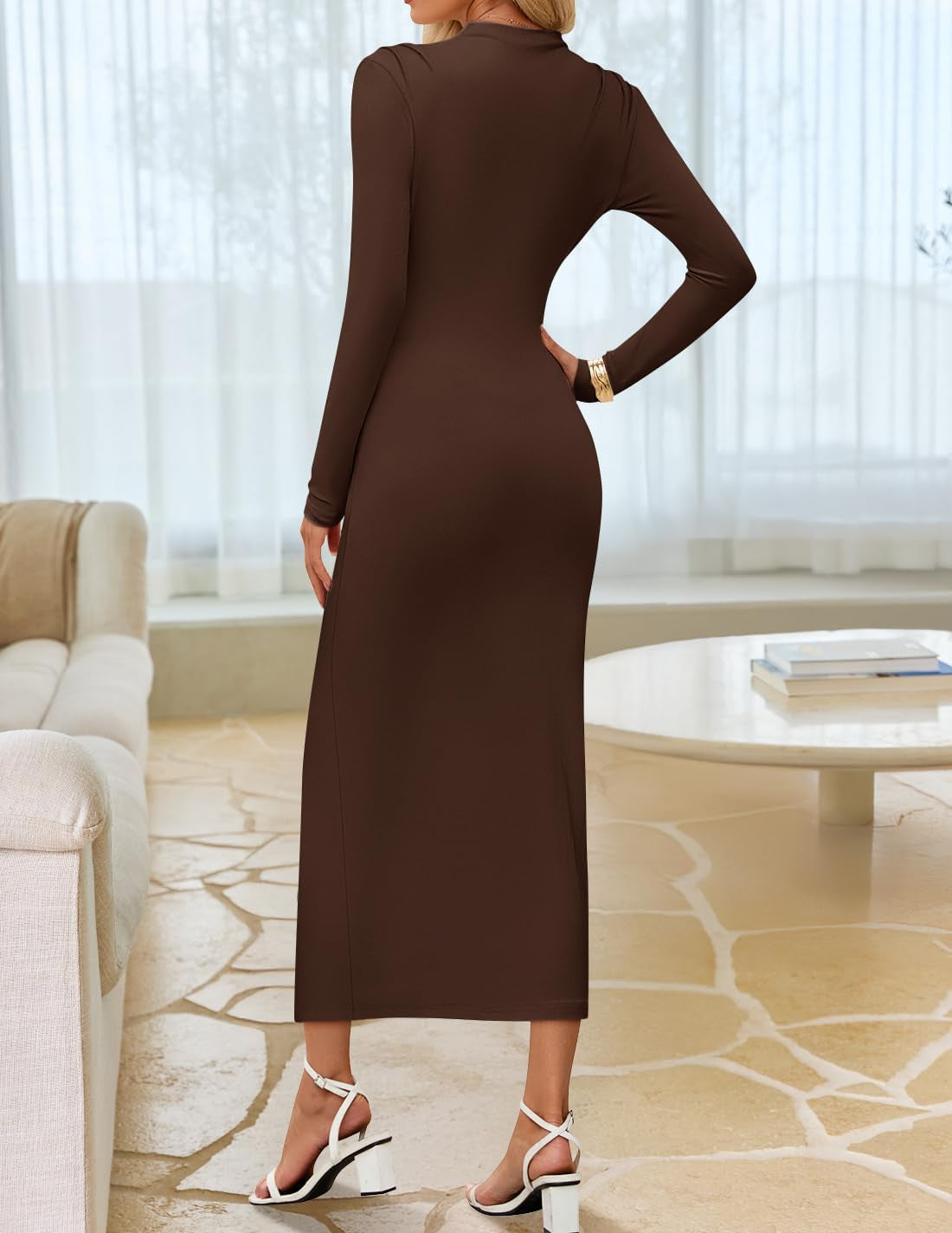 Women'S 2025 Fall Long Sleeve Bodycon Dress Mock Neck Wedding Guest Cocktail Party Long Midi Dresses