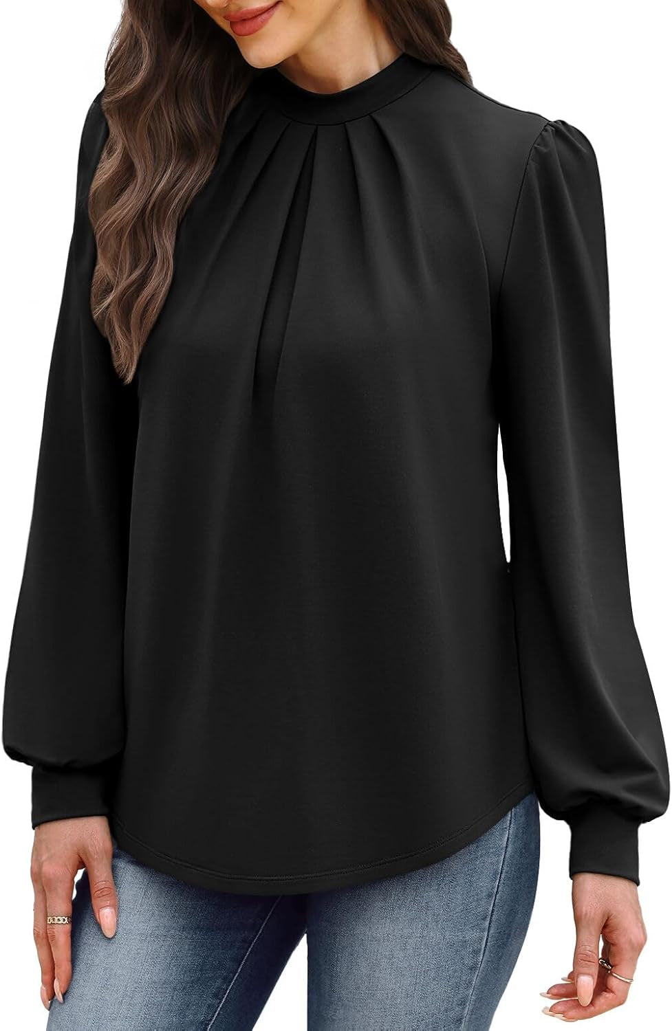 Long Sleeve Shirts for Women Mock Neck Tops Pleated Front Blouses Dressy Casual Fall Clothes 2025 Fashion