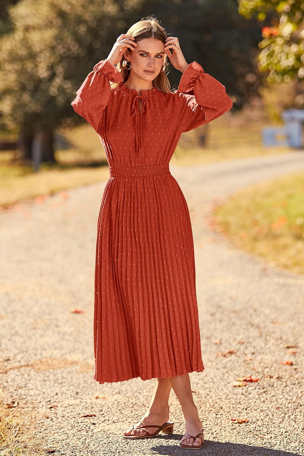 Women'S 2025 Spring Fall Midi Dress Casual Long Sleeve V Neck Swiss Dot Pleated a Line Flowy Dresses