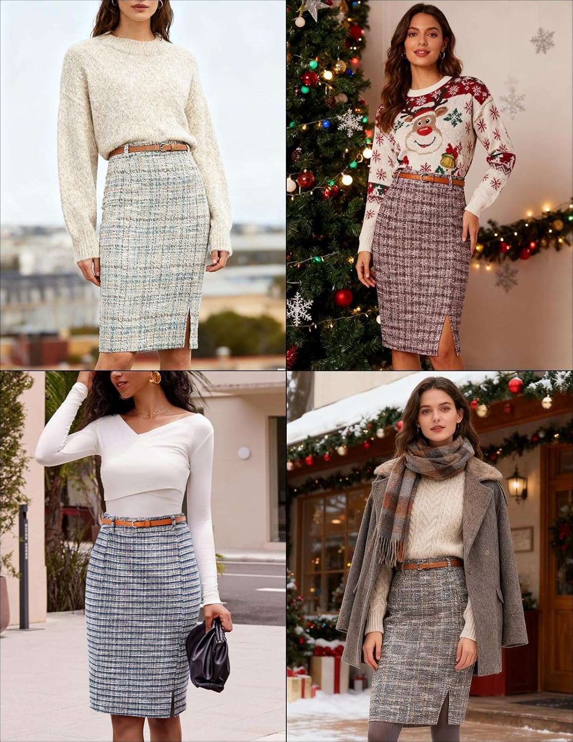 Women'S Tweed Pencil Skirt Knee Length High Waisted Skirts with Slit Elegant Skirts with Belt