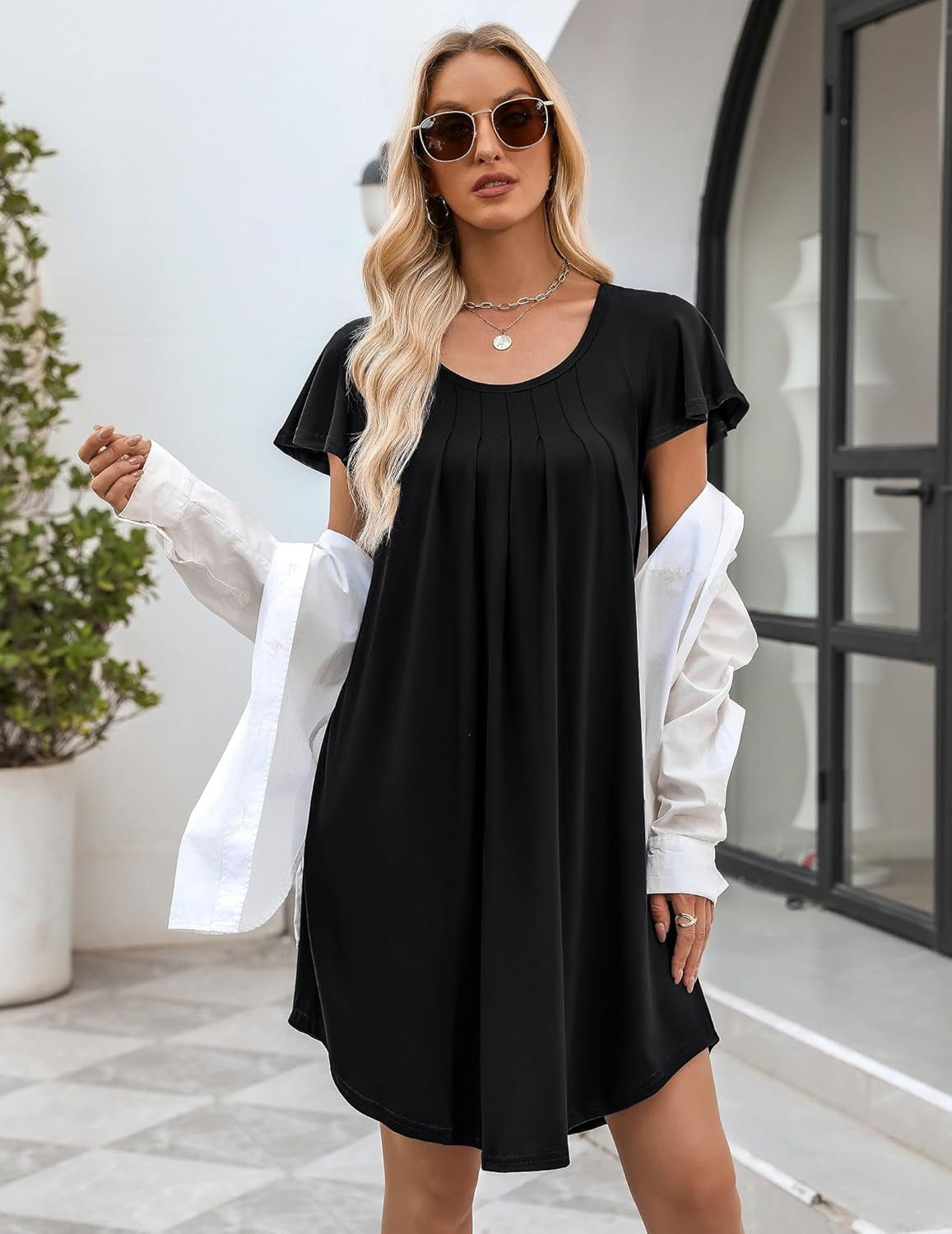 Womens Nightgown Soft Sleepwear Pleated Sleepshirt Sleep Dress Short Sleeve Nightdress S-3XL