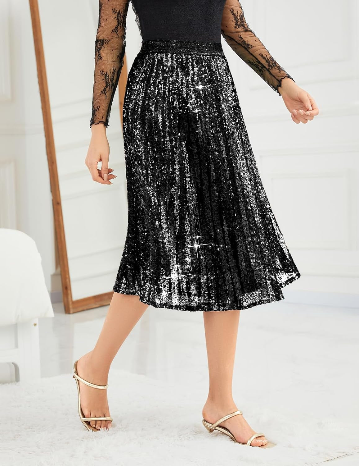 Sequin Skirt Elastic High Waisted A-Line Sparkle Pleated Skirts for Cocktail Party 2025