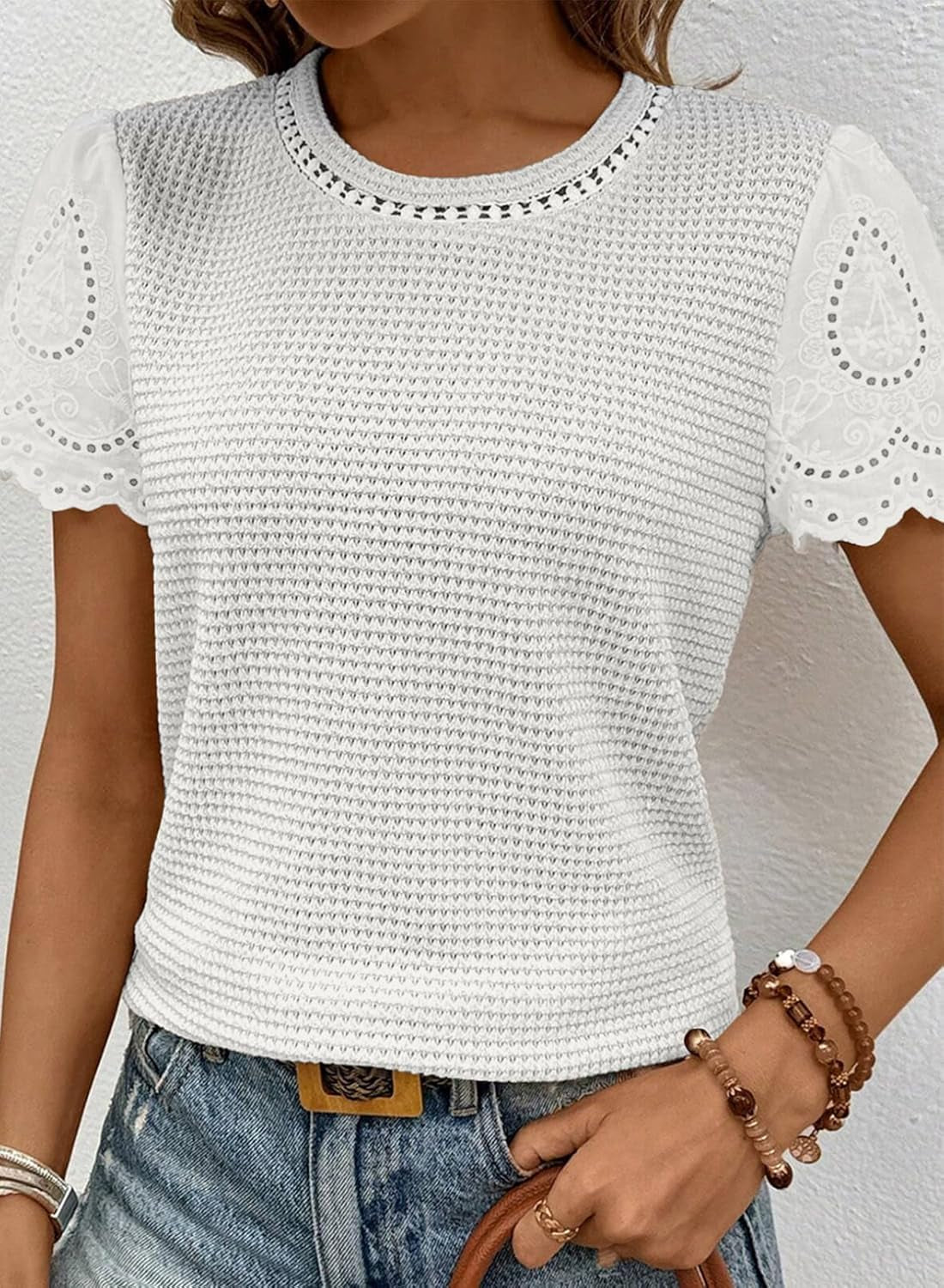 Womens Frenchy Summer Tops Crewneck Short Sleeve T Shirts Casual Waffle Knit Jacquard Blouses Top Shirts