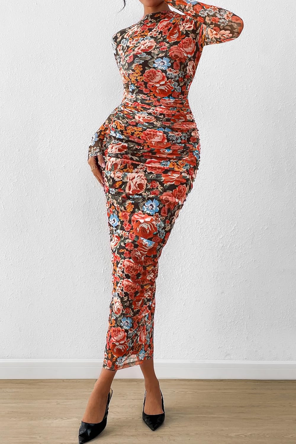 Women'S Long Sleeve Maxi Dress 2025 Fall Ruched Bodycon Floral Mesh Formal Wedding Guest Cocktail Party Dresses