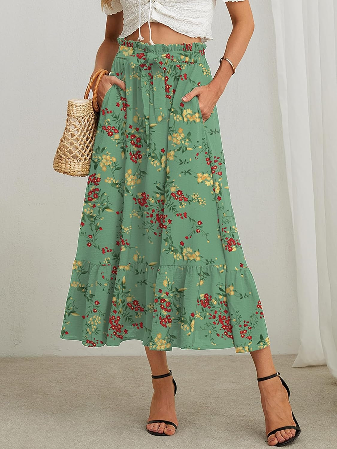 Women'S Maxi Skirt Casual a Line High Waisted Tied Adjustable Flowy Elegant Vocation Beach Long Skirt with Pocket