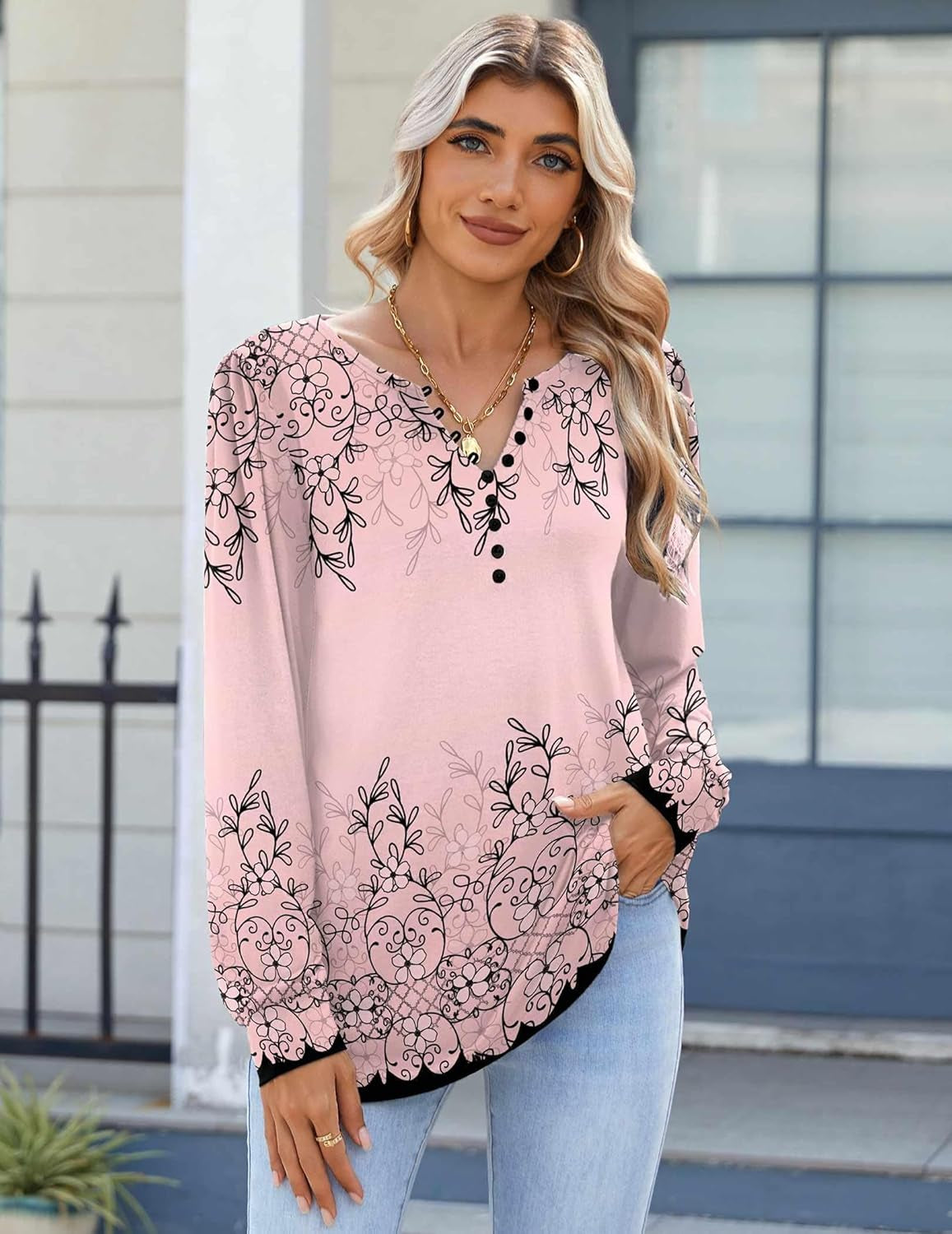 Fall Tops for Women Long Sleeve Button up Shirts Floral Tunics V Neck Pullover Blouse