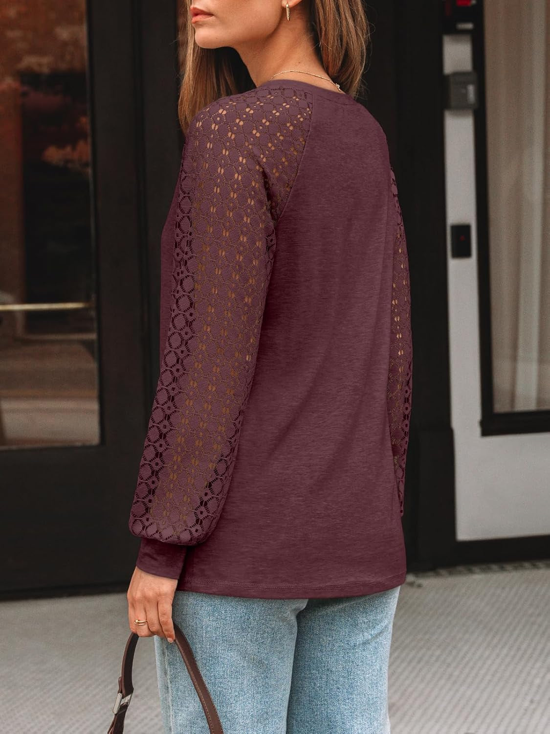 Womens Long Sleeve Shirts V-Neck Lace Tops Business Casual Blouses Tee Trendy 2025 Fall Fashion Outfits Clothes