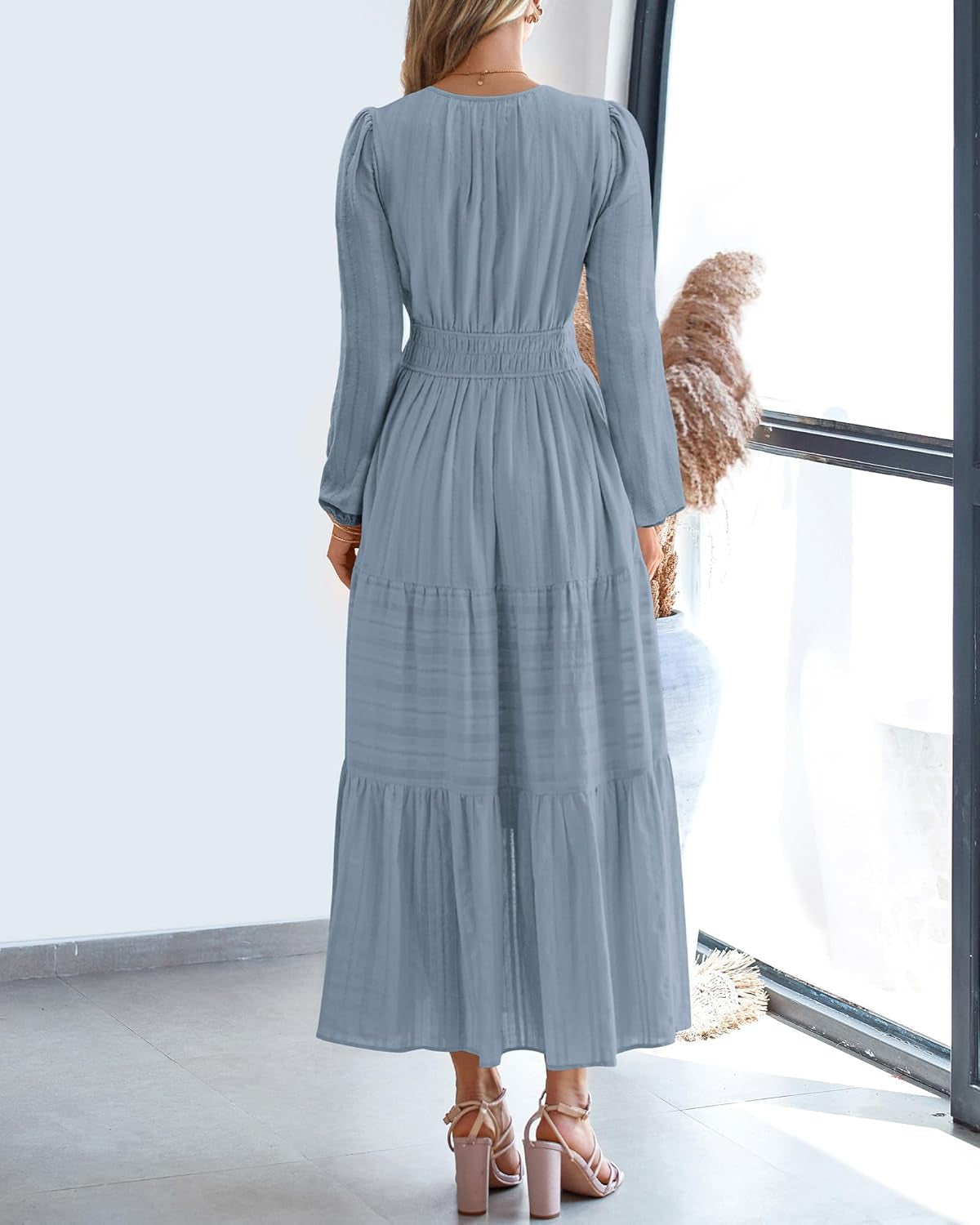 Fall Dresses for Women 2025 Casual Long Sleeve V Neck Elastic Waist Lightweight Maxi Wedding Guest Dress Pockets