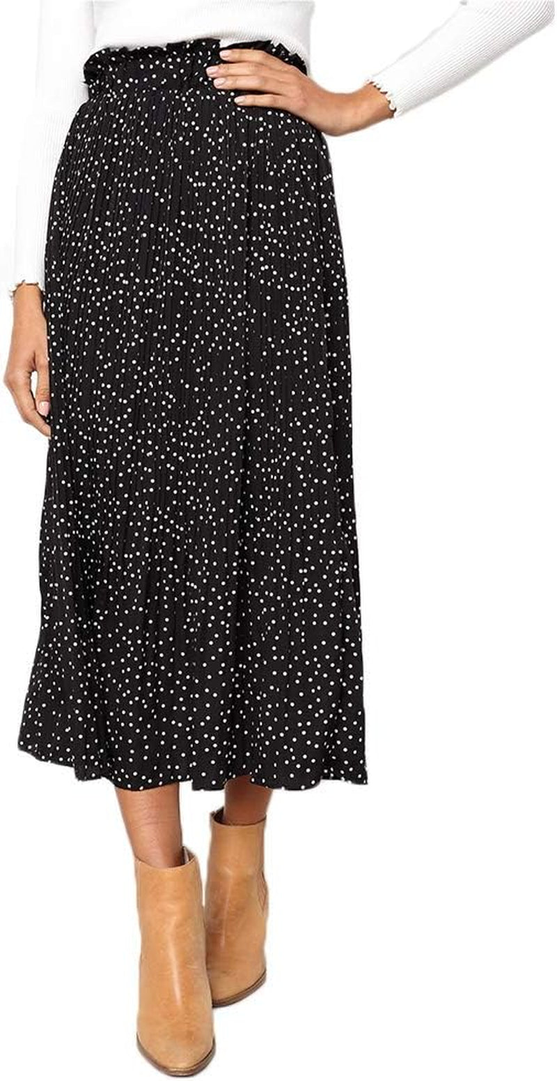 Womens High Waist Polka Dot Pleated Maxi Skirt Midi Swing Skirt Beach Vacation Cruise Outfits with Pockets