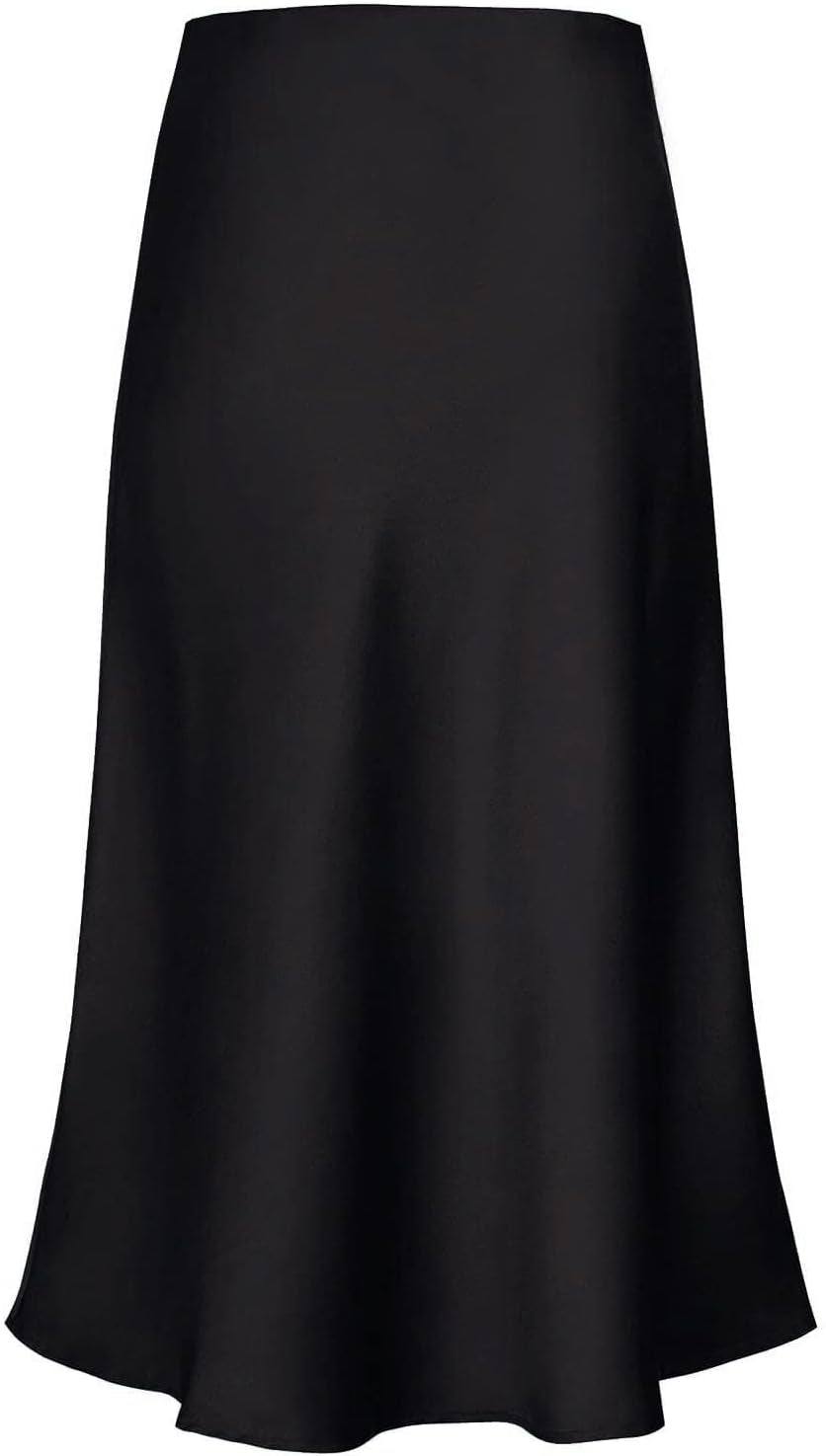 Women'S Satin High Waist Hidden Elasticized Waistband Flared Casual a Line Midi Skirt