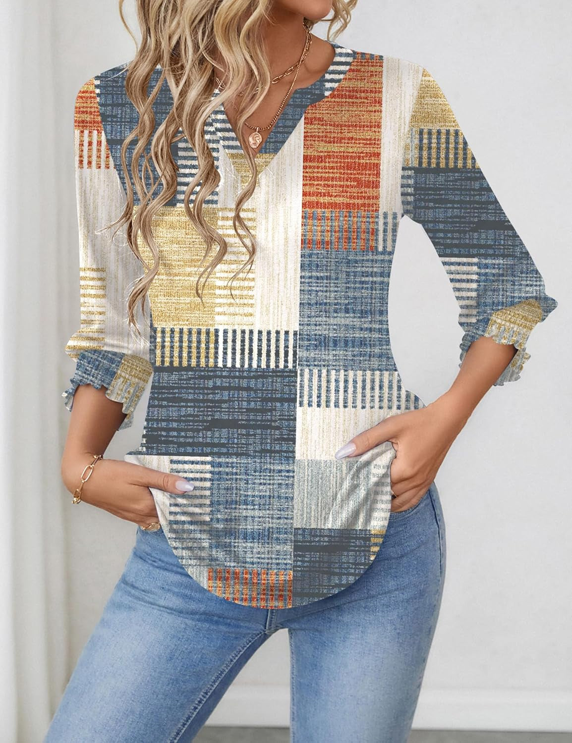 Women'S 2025 Fashion Tops 3/4 Length Sleeve Business Casual Blouses Summer Tees Shirts