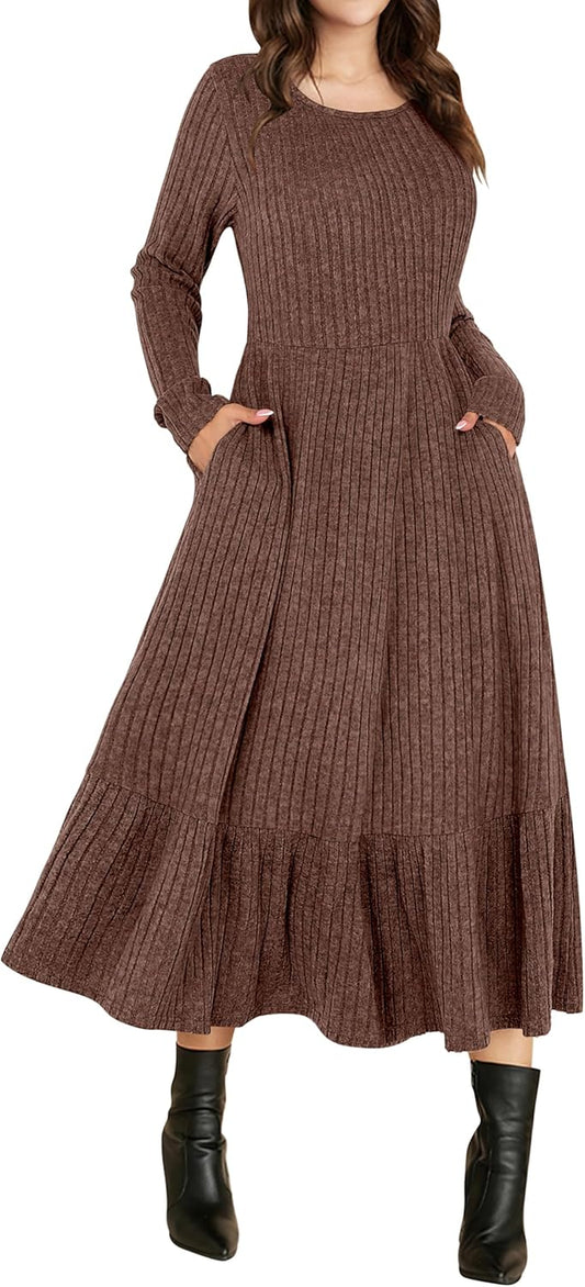 Womens Long Sleeve Midi Dress 2025 Fall Rib Knit Crew Neck a Line Soft Flowy Swing Dresses with Pocket Casual Trendy