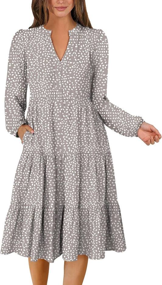 Long Sleeve Midi Dresses for Women V Neck 2025 Fall Fashion Casual Loose Fit Flowy Swing Tiered Vacation Boho Dress