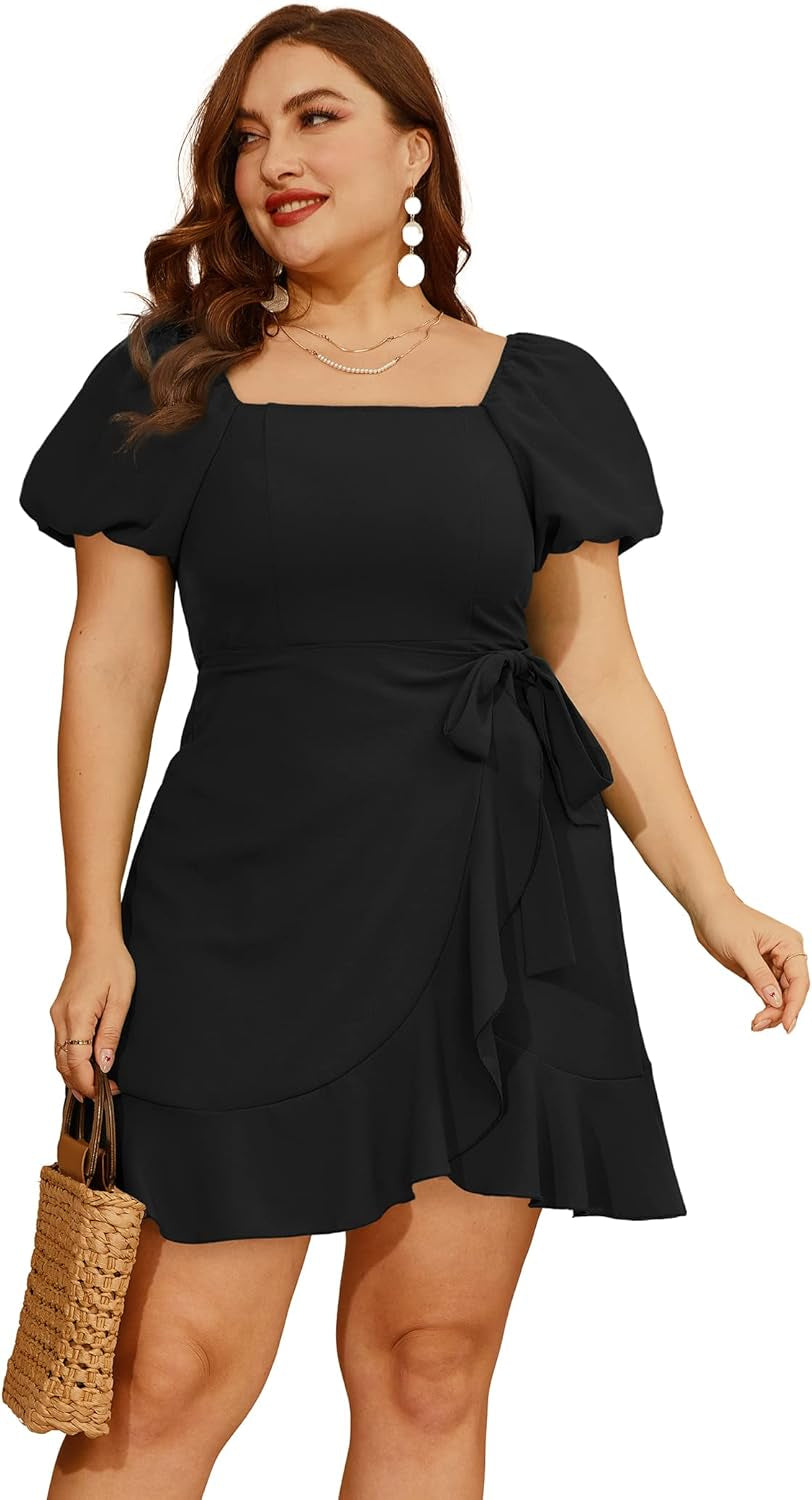 Womens Summer Dresses Square Neck Puff Sleeve Tie Waist Short Dress