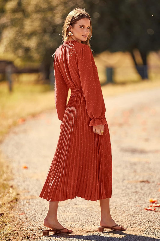 Women'S 2025 Spring Fall Midi Dress Casual Long Sleeve V Neck Swiss Dot Pleated a Line Flowy Dresses