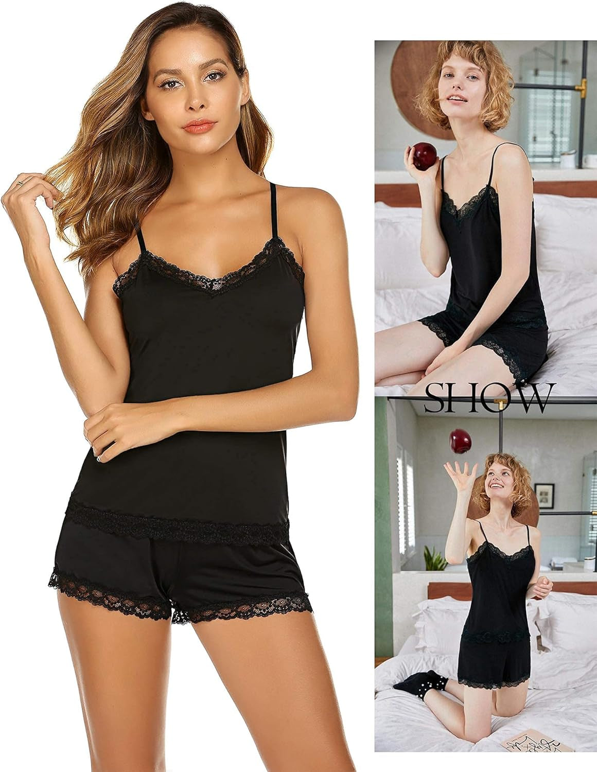 Women Cami Pajama Set Modal Sleepwear Lace Trim Short PJ Set with Shorts