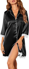 Satin Nightgowns for Women Button down Sleepshirt 3/4 Sleeve Nightshirts Boyfriend Sleepwear