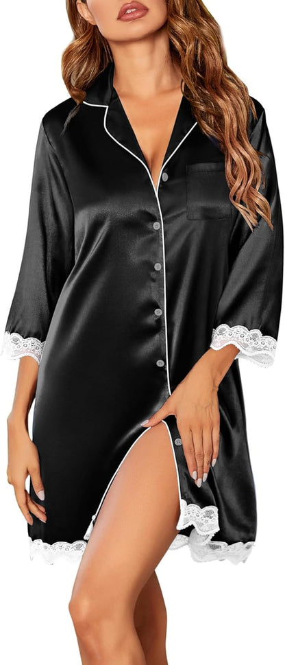 Satin Nightgowns for Women Button down Sleepshirt 3/4 Sleeve Nightshirts Boyfriend Sleepwear
