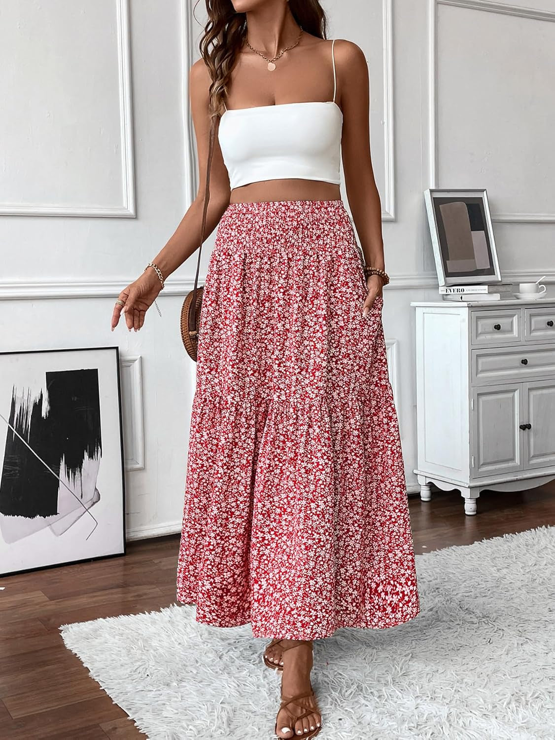 Women'S Smocked High Waist Maxi Skirt Casual Boho Long Skirts with Pockets