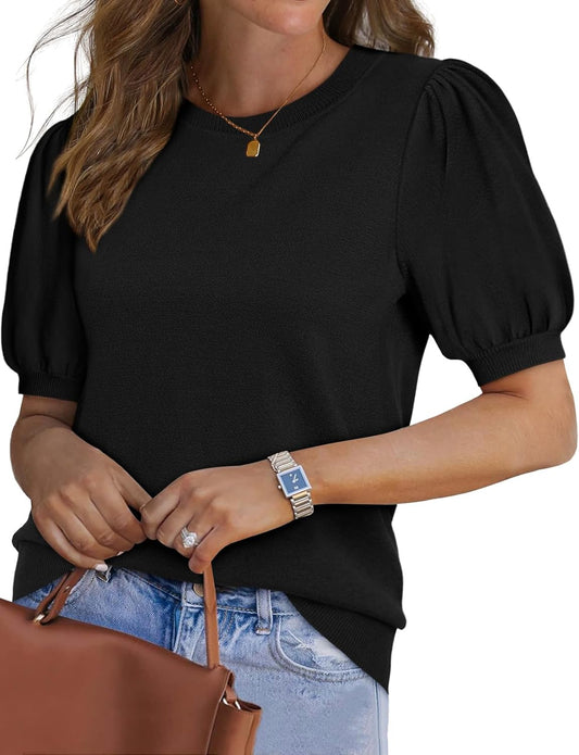 Women'S Puff Short Sleeve Sweater 2025 Spring Summer Tops Trendy Business Casual Outfits Work Blouses Clothes