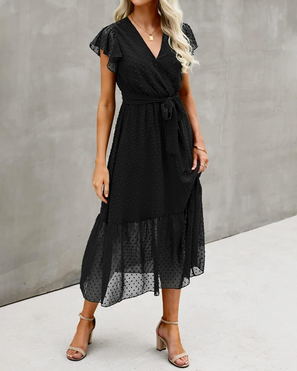 Women Summer Bohemian Floral Casual Wrap V Neck Ruffle Cap Sleeveless Belt A-Line Pleated Hem Midi Sun Dress White