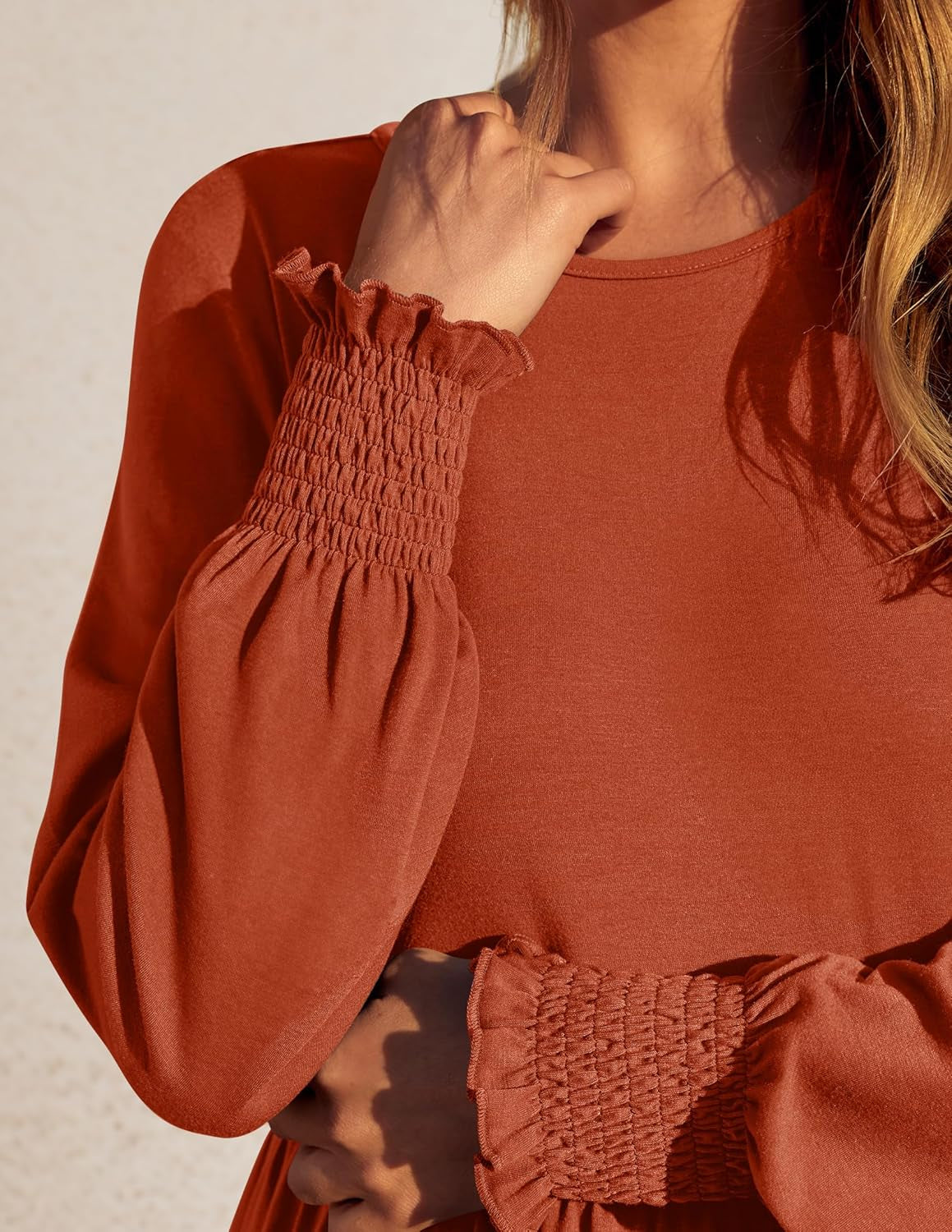 Women'S 2025 Fall Long Sleeve Dress Crewneck Casual Loose Pleated Tiered Swing Midi Dresses with Pockets