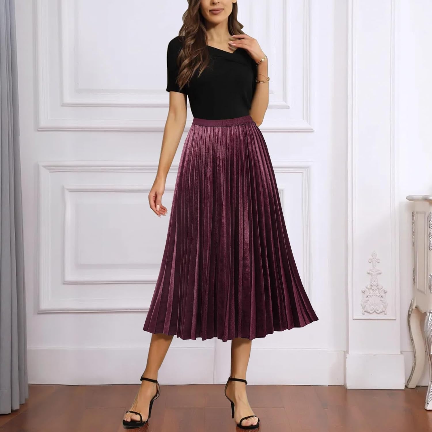 Women'S Pleated A-Line High Waist Swing Flare Midi Skirt