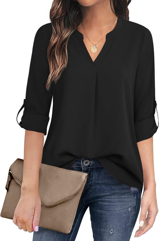 Women'S Casual Chiffon V Neck 3/4 Sleeve Blouse Tops