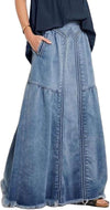 Women'S Casual Elastic Waist Frayed Hem A-Line Distressed Hippie Long Maxi Denim Skirt