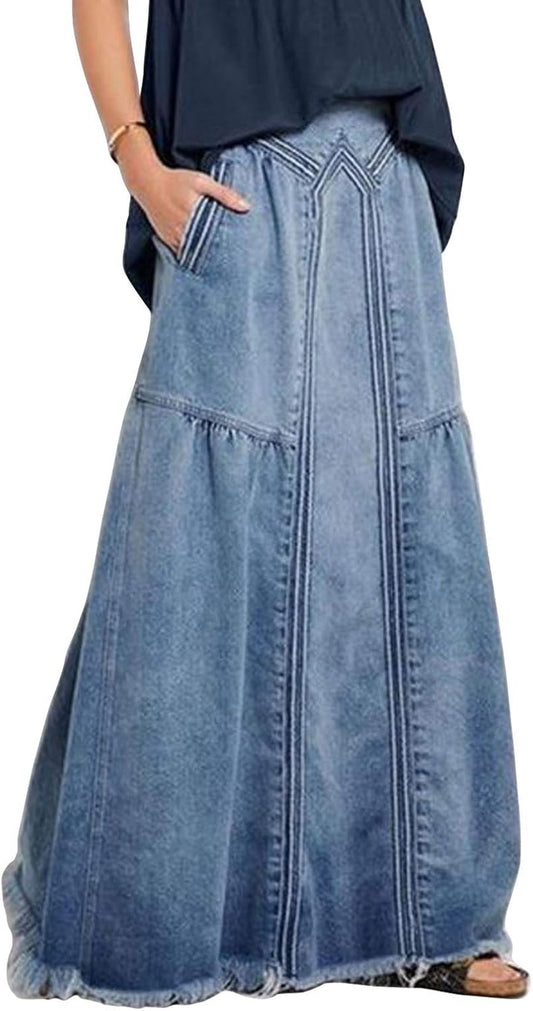 Women'S Casual Elastic Waist Frayed Hem A-Line Distressed Hippie Long Maxi Denim Skirt