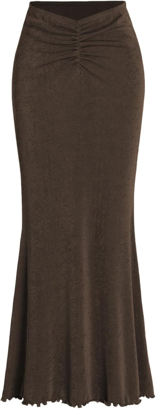 High Waist Skirts for Women Mermaid Skirt Fishtail Ruched Bodycon Long Maxi Skirt Lettuce Trim Stretchy