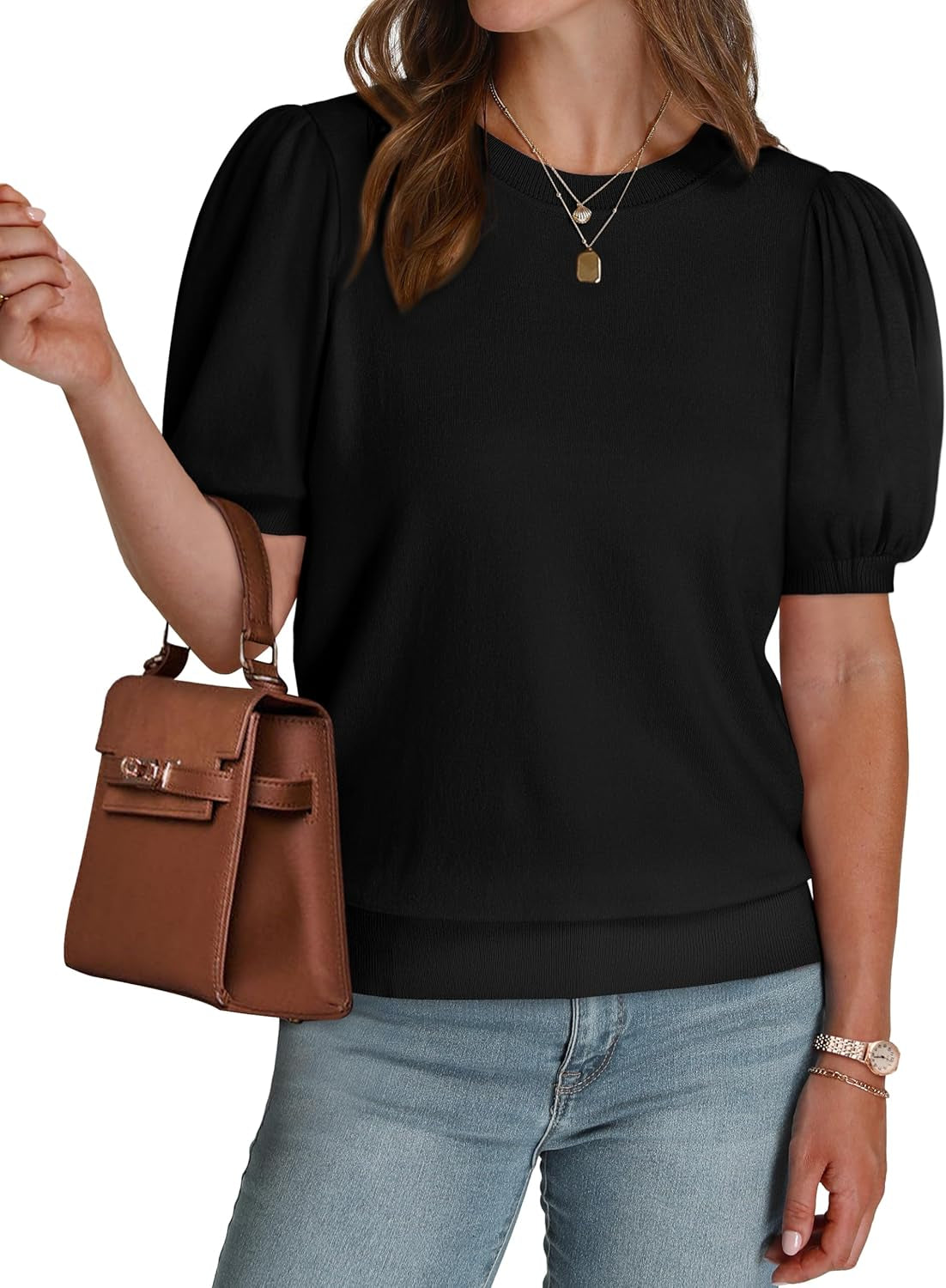 Women'S Puff Short Sleeve Sweater 2025 Spring Summer Tops Trendy Business Casual Outfits Work Blouses Clothes