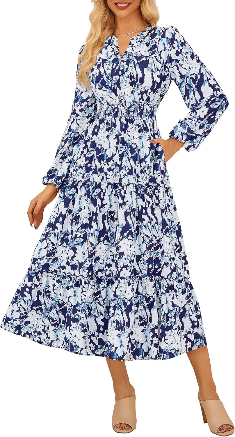 Women Floral Maxi Dress,2025 Fall Long Sleeve Casual Dresses,V Neck Boho Flowy Elegant Dress with Pockets