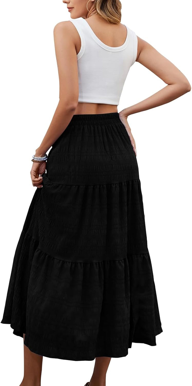 Women'S Summer Casual Elegant Smock Layered Tiered Maxi Skirt High Waisted a Line Flowy Long Skirts with Pockets