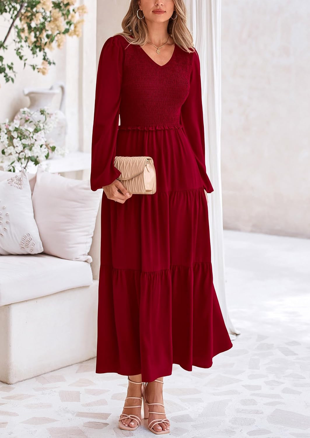 Fall Dresses for Women 2025 Casual Long Sleeve V Neck Smocked a Line Long Flowy Wedding Guest Dress